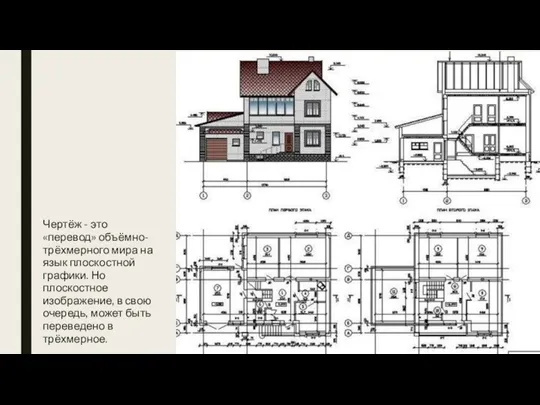 Чертёж - это «перевод» объёмно-трёхмерного мира на язык плоскостной графики. Но