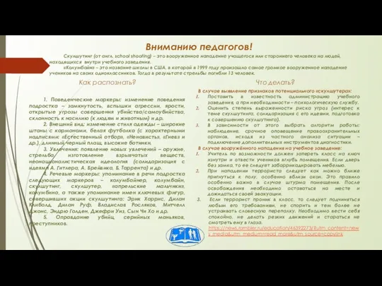 Вниманию педагогов! Скулшутинг (от англ. school shooting) – это вооруженное нападение