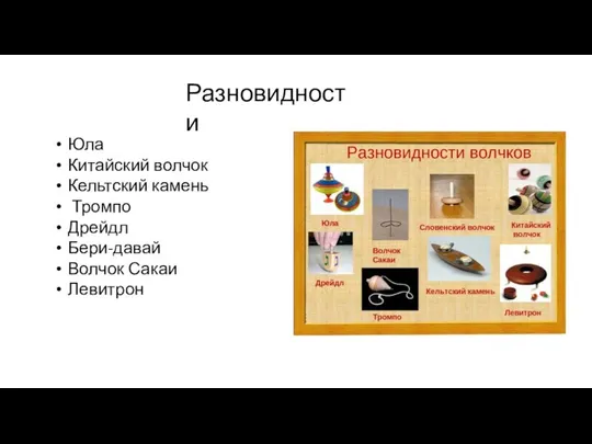 Разновидности Юла Китайский волчок Кельтский камень Тромпо Дрейдл Бери-давай Волчок Сакаи Левитрон