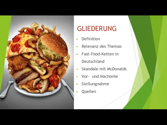 GLIEDERUNG Definition Relevanz des Themas Fast-Food-Ketten in Deutschland Skandale mit McDonalds Vor- und Nachteile Stellungnahme Quellen