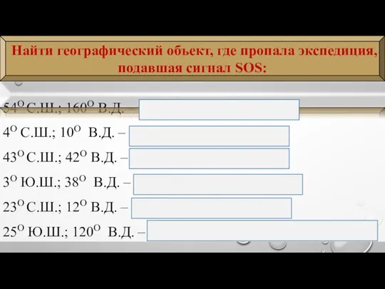 54О С.Ш.; 160О В.Д. – КЛЮЧЕВСКАЯ СОПКА 4О С.Ш.; 10О В.Д.