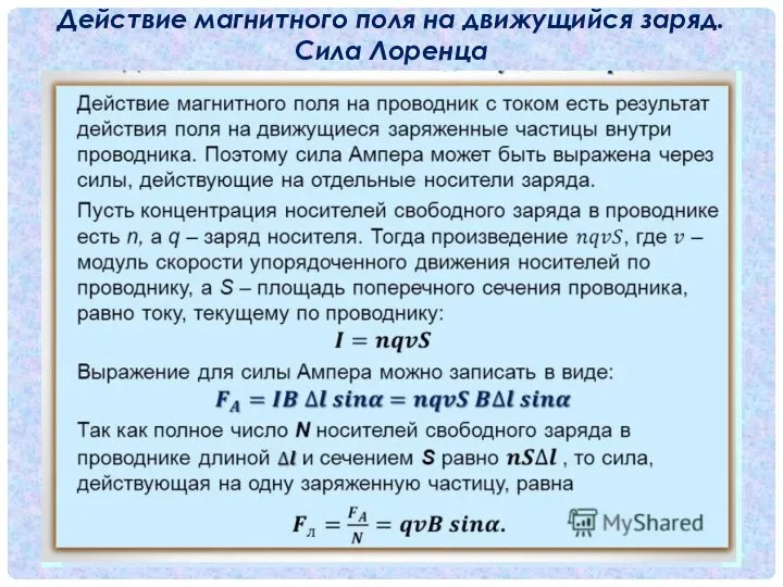 Действие магнитного поля на движущийся заряд. Сила Лоренца