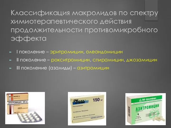 Классификация макролидов по спектру химиотерапевтического действия продолжительности противомикробного эффекта I поколение