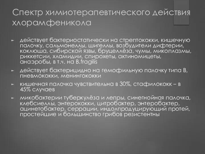 Спектр химиотерапевтического действия хлорамфеникола действует бактериостатически на стрептококки, кишечную палочку, сальмонеллы,