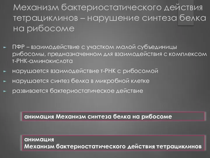 Механизм бактериостатического действия тетрациклинов – нарушение синтеза белка на рибосоме ПФР