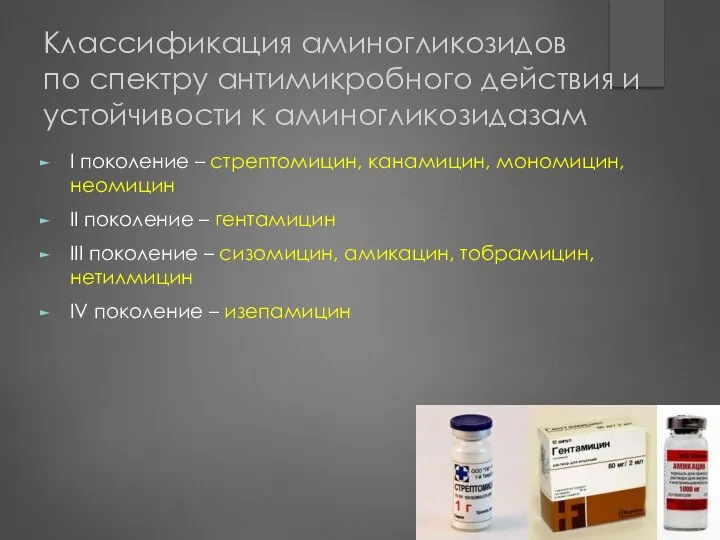 Классификация аминогликозидов по спектру антимикробного действия и устойчивости к аминогликозидазам I