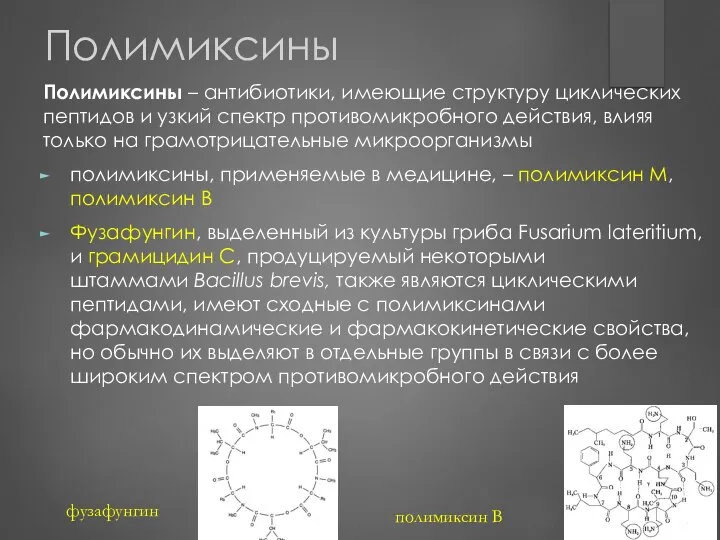 Полимиксины Полимиксины – антибиотики, имеющие структуру циклических пептидов и узкий спектр