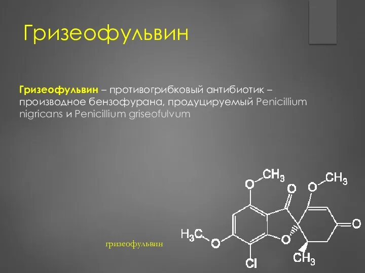 Гризеофульвин Гризеофульвин – противогрибковый антибиотик – производное бензофурана, продуцируемый Penicillium nigricans и Penicillium griseofulvum гризеофульвин