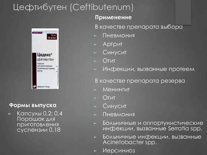 Применение В качестве препарата выбора Пневмония Артрит Синусит Отит Инфекции, вызванные