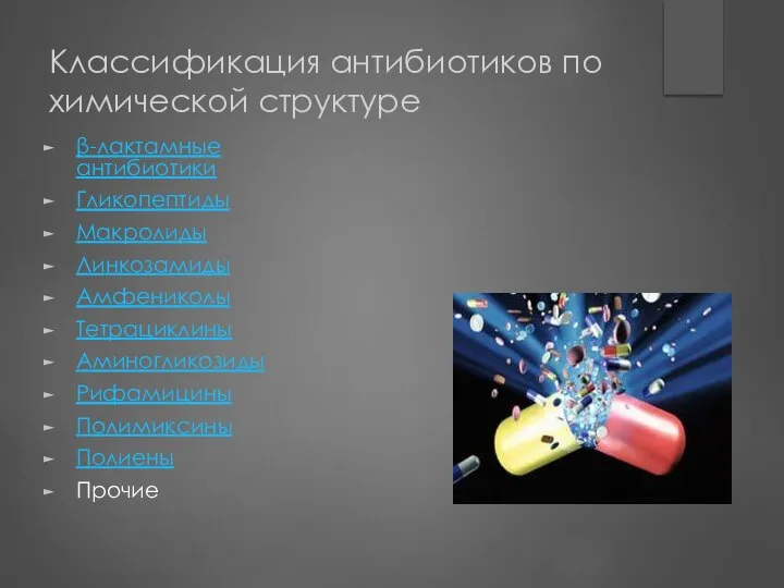 Классификация антибиотиков по химической структуре β-лактамные антибиотики Гликопептиды Макролиды Линкозамиды Амфениколы