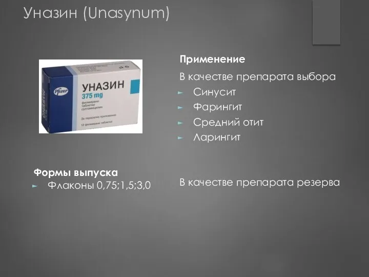 Формы выпуска Применение В качестве препарата выбора Синусит Фарингит Средний отит