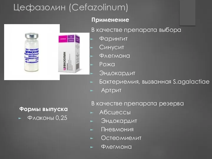 Цефазолин (Cefazolinum) Формы выпуска Флаконы 0,25 Применение В качестве препарата выбора