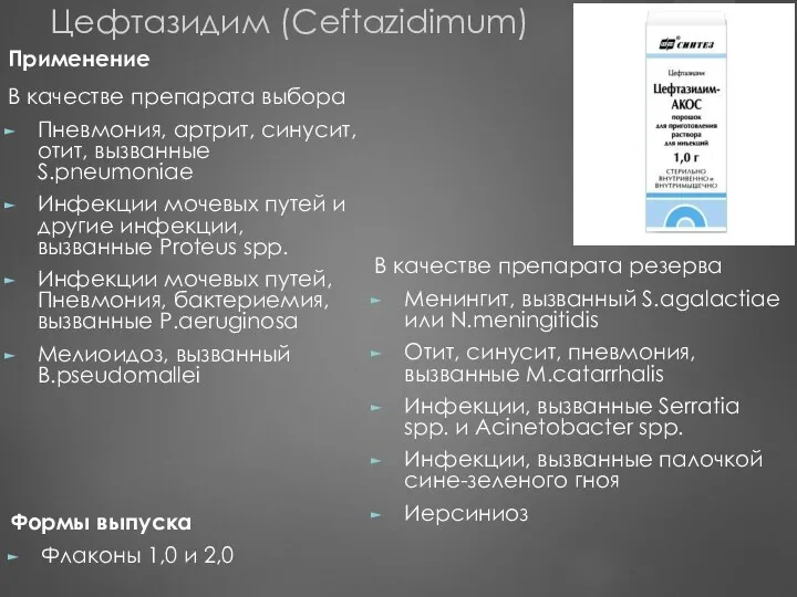 Применение В качестве препарата выбора Пневмония, артрит, синусит, отит, вызванные S.pneumoniae