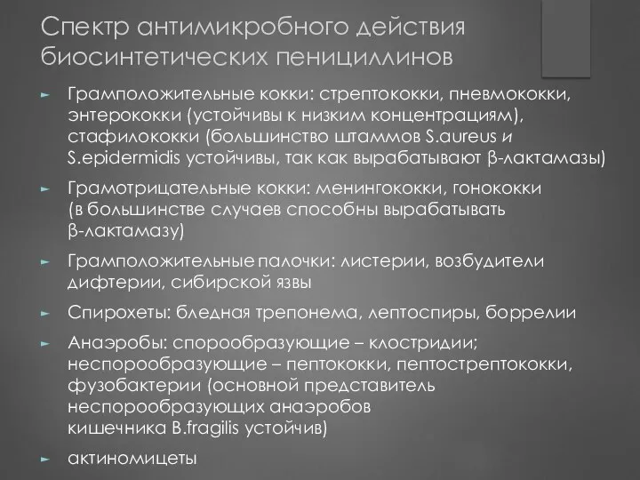 Спектр антимикробного действия биосинтетических пенициллинов Грамположительные кокки: стрептококки, пневмококки, энтерококки (устойчивы