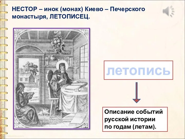 НЕСТОР – инок (монах) Киево – Печерского монастыря, ЛЕТОПИСЕЦ. летопись Описание