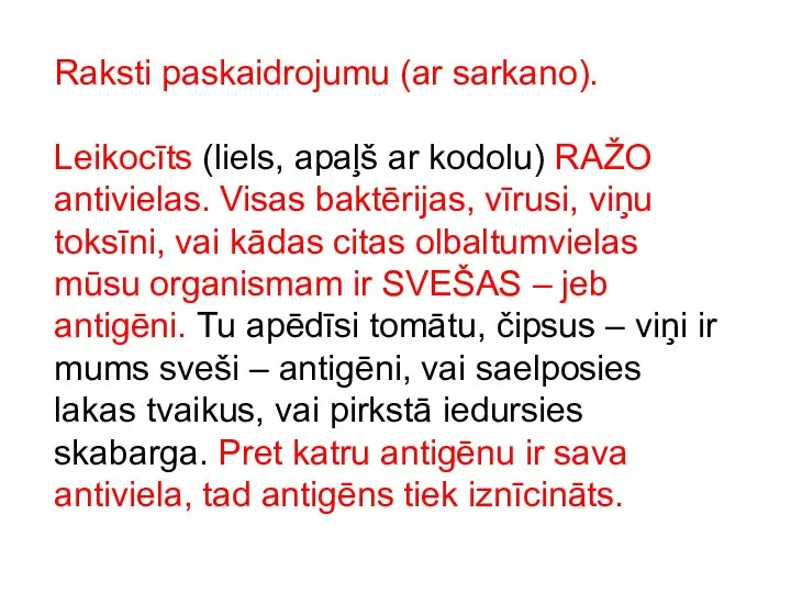 Raksti paskaidrojumu (ar sarkano). Leikocīts (liels, apaļš ar kodolu) RAŽO antivielas.