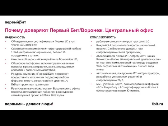 Почему доверяют Первый Бит/Воронеж. Центральный офис НАДЕЖНОСТЬ Обладаем всеми сертификатами Фирмы