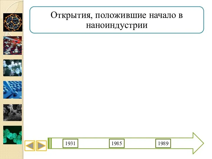 1931 1985 1989 Открытия, положившие начало в наноиндустрии