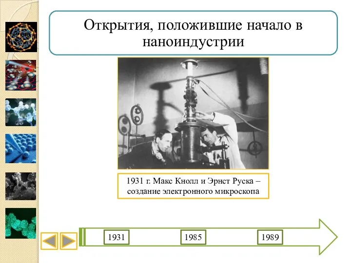 Открытия, положившие начало в наноиндустрии 1931 1985 1989