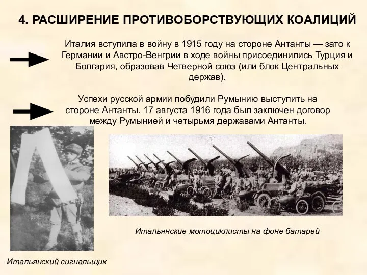 4. РАСШИРЕНИЕ ПРОТИВОБОРСТВУЮЩИХ КОАЛИЦИЙ Италия вступила в войну в 1915 году