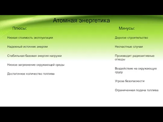 Атомная энергетика Плюсы: Минусы: Низкая стоимость эксплуатации Надежный источник энергии Стабильная