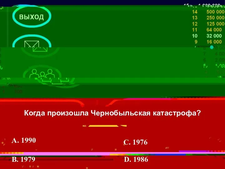 Когда произошла Чернобыльская катастрофа? A. 1990 В. 1979 С. 1976 D. 1986