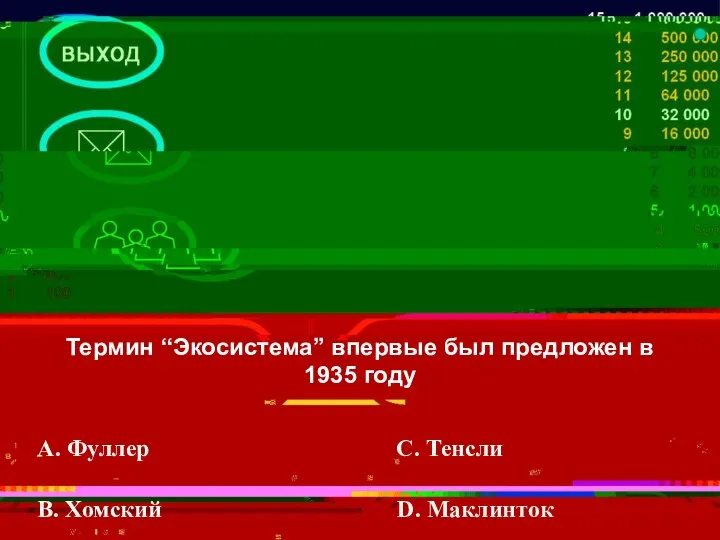 Термин “Экосистема” впервые был предложен в 1935 году A. Фуллер В. Хомский С. Тенсли D. Маклинток