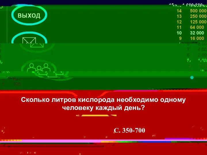 Сколько литров кислорода необходимо одному человеку каждый день? С. 350-700