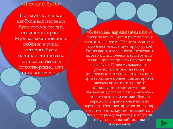 «Передай бусы» Под музыку вальса необходимо передать бусы своему соседу, стоящему