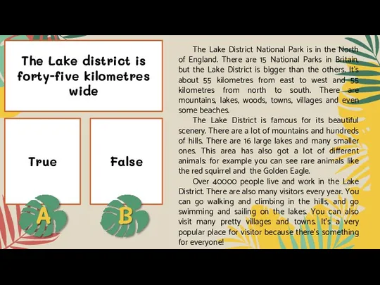 The Lake district is forty-five kilometres wide True False The Lake