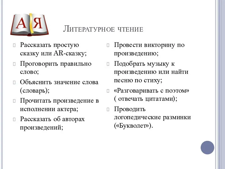 Литературное чтение Рассказать простую сказку или AR-сказку; Проговорить правильно слово; Объяснить