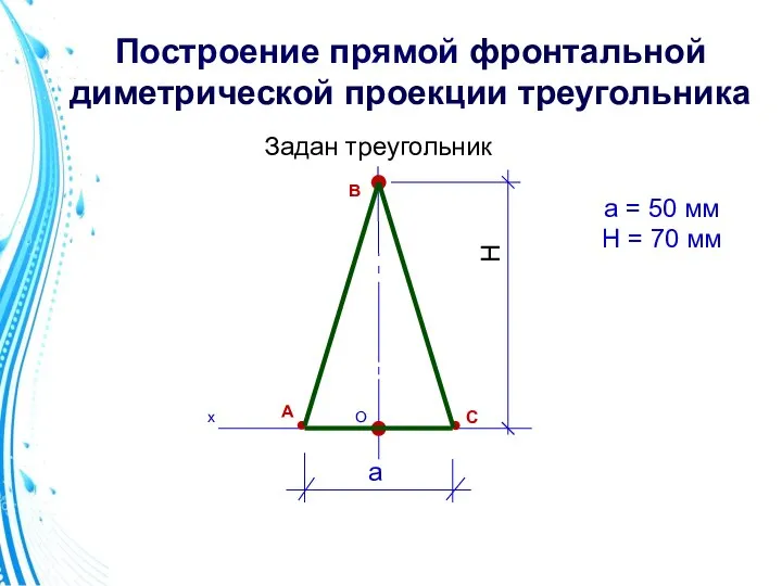 Задан треугольник H а О х Построение прямой фронтальной диметрической проекции