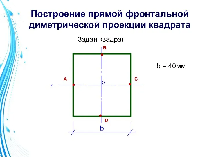 Задан квадрат b = 40мм b О х Построение прямой фронтальной