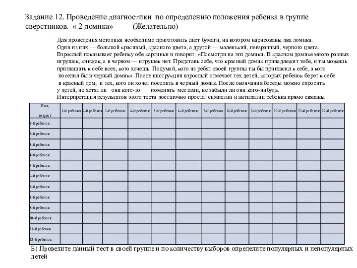 Задание 12. Проведение диагностики по определению положения ребенка в группе сверстников.