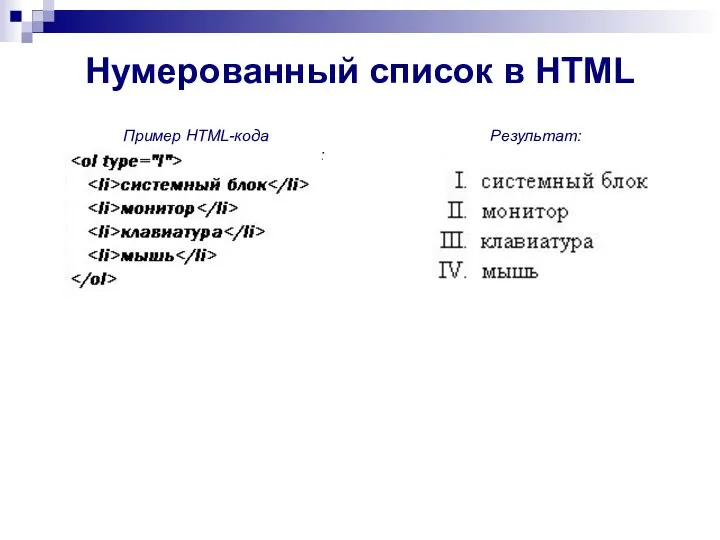 Нумерованный список в HTML Пример HTML-кода для списков с римскими цифрами: Результат: