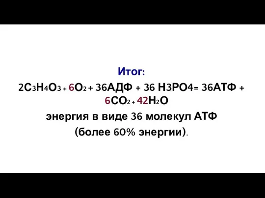 Итог: 2С3Н4О3 + 6О2 + 36АДФ + 36 Н3РО4= 36АТФ +