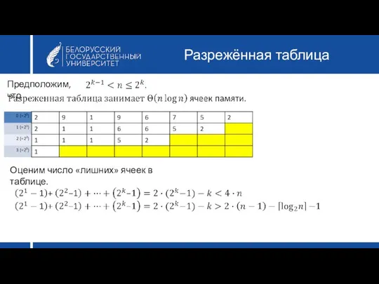 Разрежённая таблица Предположим, что Оценим число «лишних» ячеек в таблице.