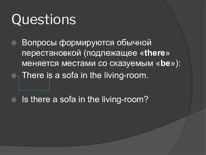 Questions Вопросы формируются обычной перестановкой (подлежащее «there» меняется местами со сказуемым