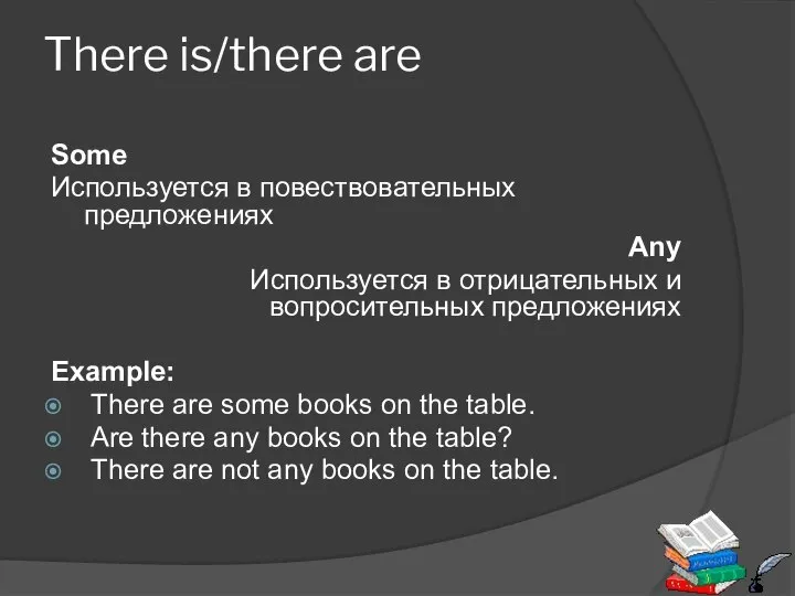 There is/there are Some Используется в повествовательных предложениях Any Используется в