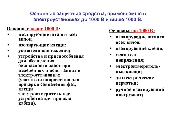 Основные защитные средства, применяемые в электроустановках до 1000 В и выше