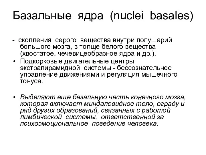 Базальные ядра (nuclei basales) - скопления серого вещества внутри полушарий большого