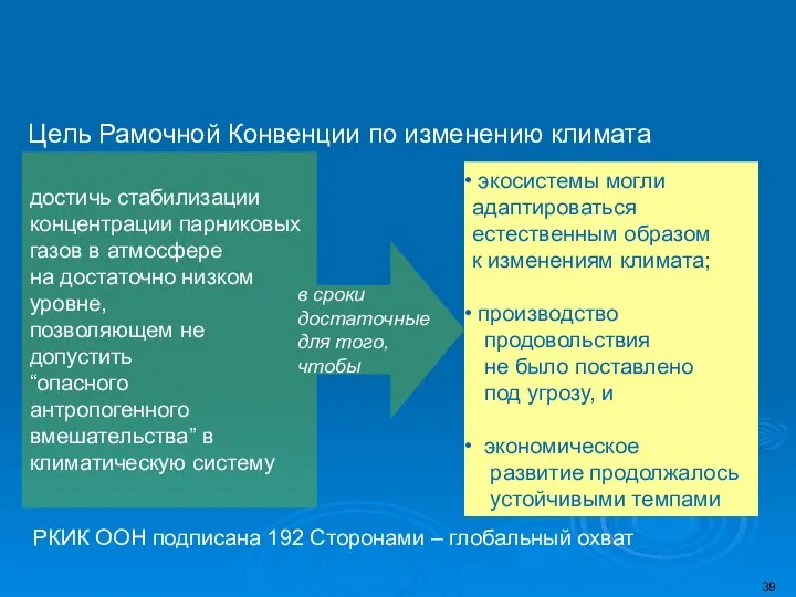 Цель Рамочной Конвенции по изменению климата достичь стабилизации концентрации парниковых газов