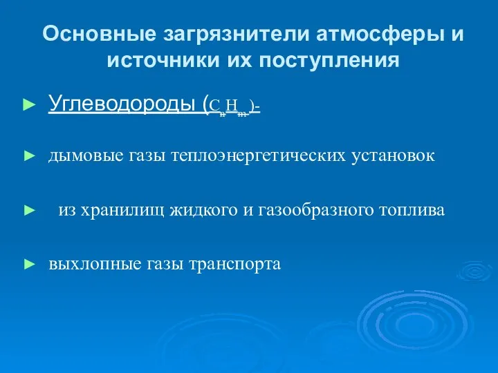 Основные загрязнители атмосферы и источники их поступления Углеводороды (CnHm )- дымовые