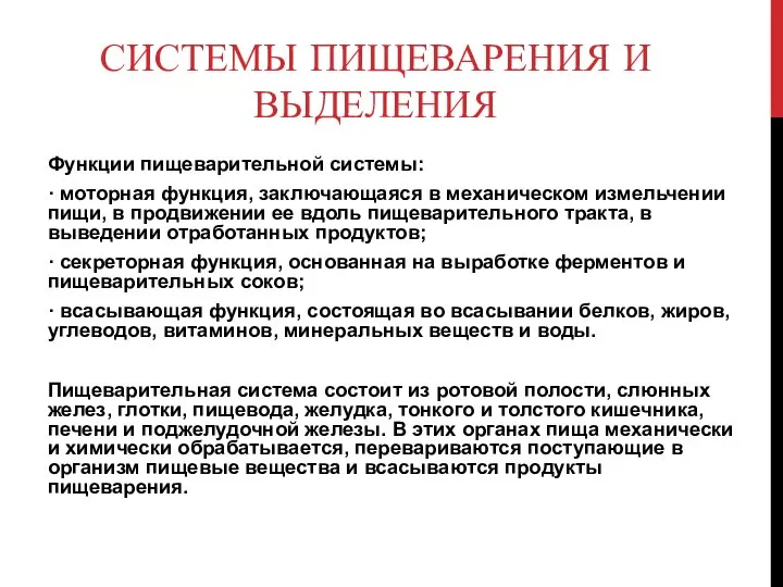 СИСТЕМЫ ПИЩЕВАРЕНИЯ И ВЫДЕЛЕНИЯ Функции пищеварительной системы: · моторная функция, заключающаяся