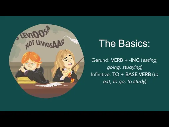 The Basics: Gerund: VERB + -ING (eating, going, studying) Infinitive: TO