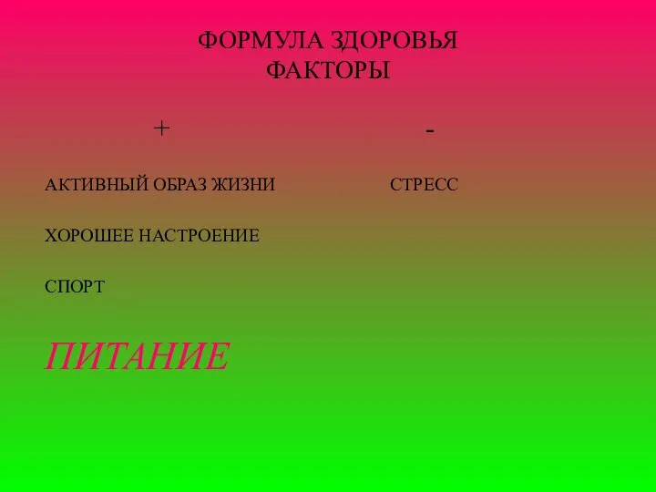 ФОРМУЛА ЗДОРОВЬЯ ФАКТОРЫ + - АКТИВНЫЙ ОБРАЗ ЖИЗНИ СТРЕСС ХОРОШЕЕ НАСТРОЕНИЕ СПОРТ ПИТАНИЕ