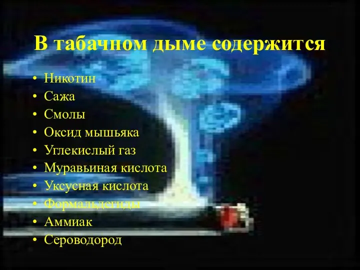 В табачном дыме содержится: Никотин Сажа Смолы Оксид мышьяка Углекислый газ