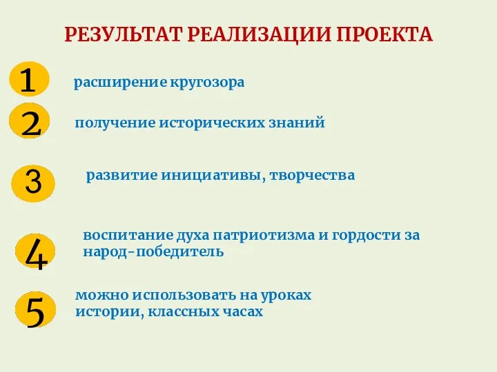 РЕЗУЛЬТАТ РЕАЛИЗАЦИИ ПРОЕКТА 1 расширение кругозора получение исторических знаний развитие инициативы,