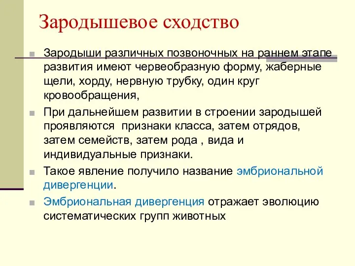 Зародышевое сходство Зародыши различных позвоночных на раннем этапе развития имеют червеобразную