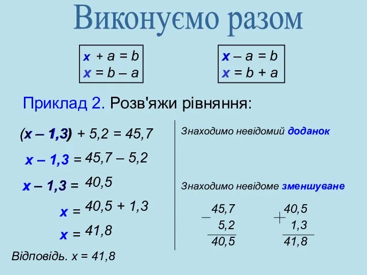 x + a = b x = b – a x